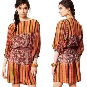 Anthro Tanvi Kedia Womens Multicolored Stripes Floral Beaded Cinched Dress M